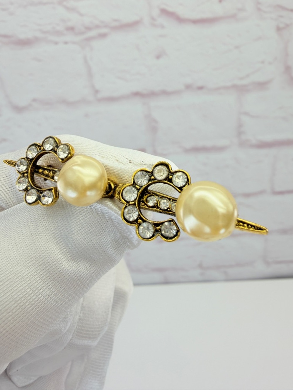 Vintage Chanel Paris 1984 Pearl Crystal Coco Letter Bar Pin Brooch